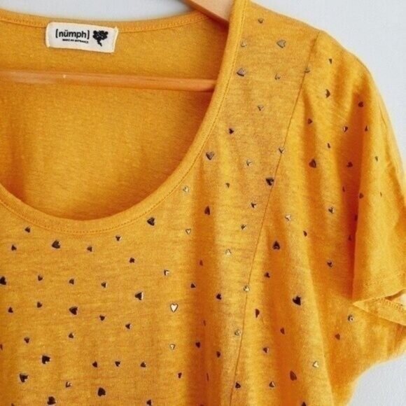 NUMPH 100% Linen Soft Yellow Blouse with Metal Heart Studs Sz S - Picture 6 of 12
